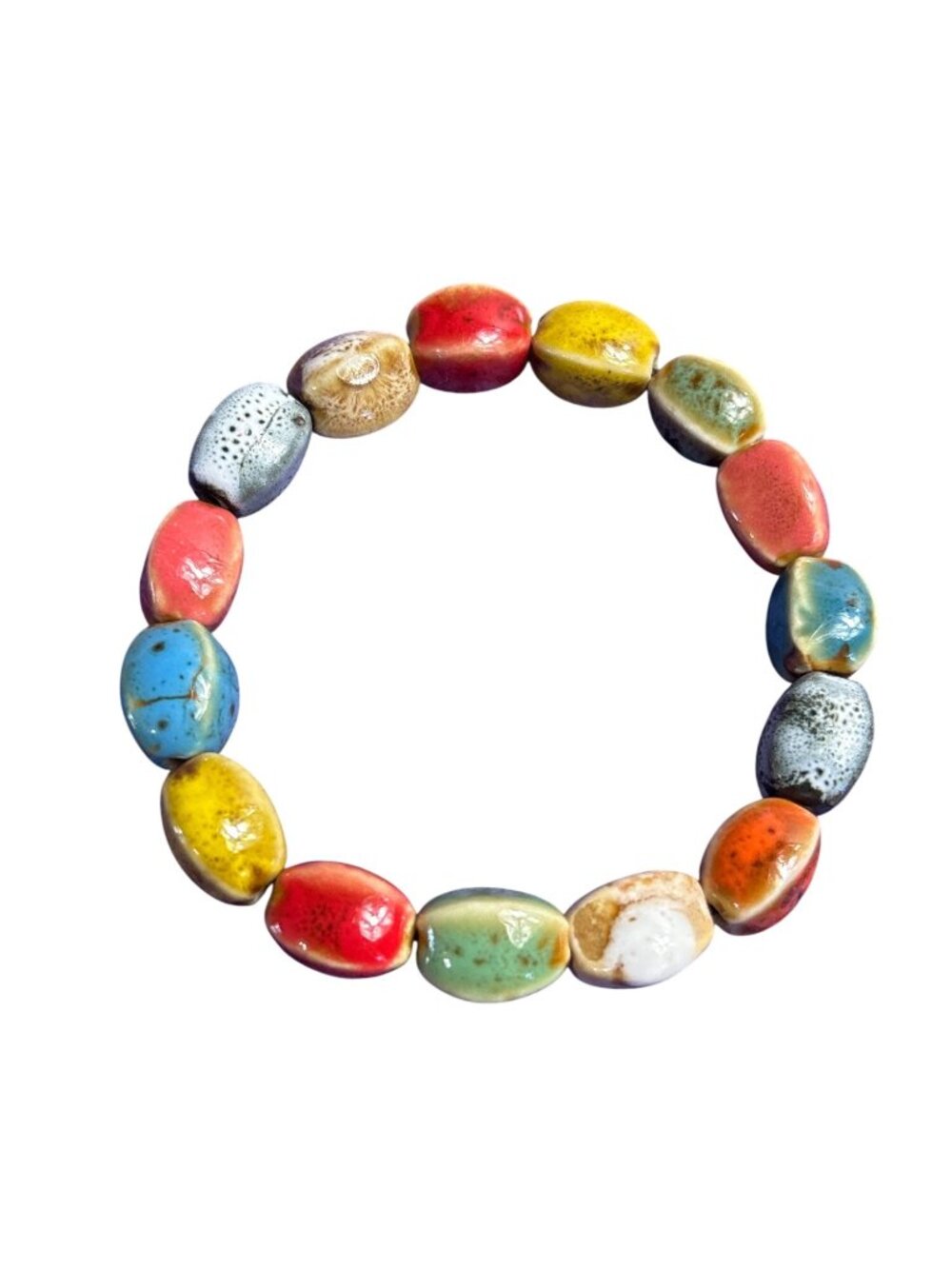 Colorful Glazed Ceramic Beaded Stretchy Bracelet 6.5 inches Unstretched